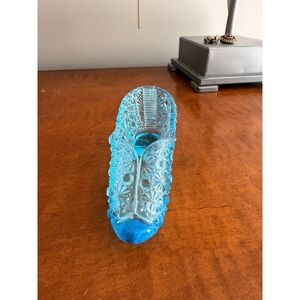 Vintage Art Glass Slipper Blue Mini Shoe Daisy Button Pattern Shoe